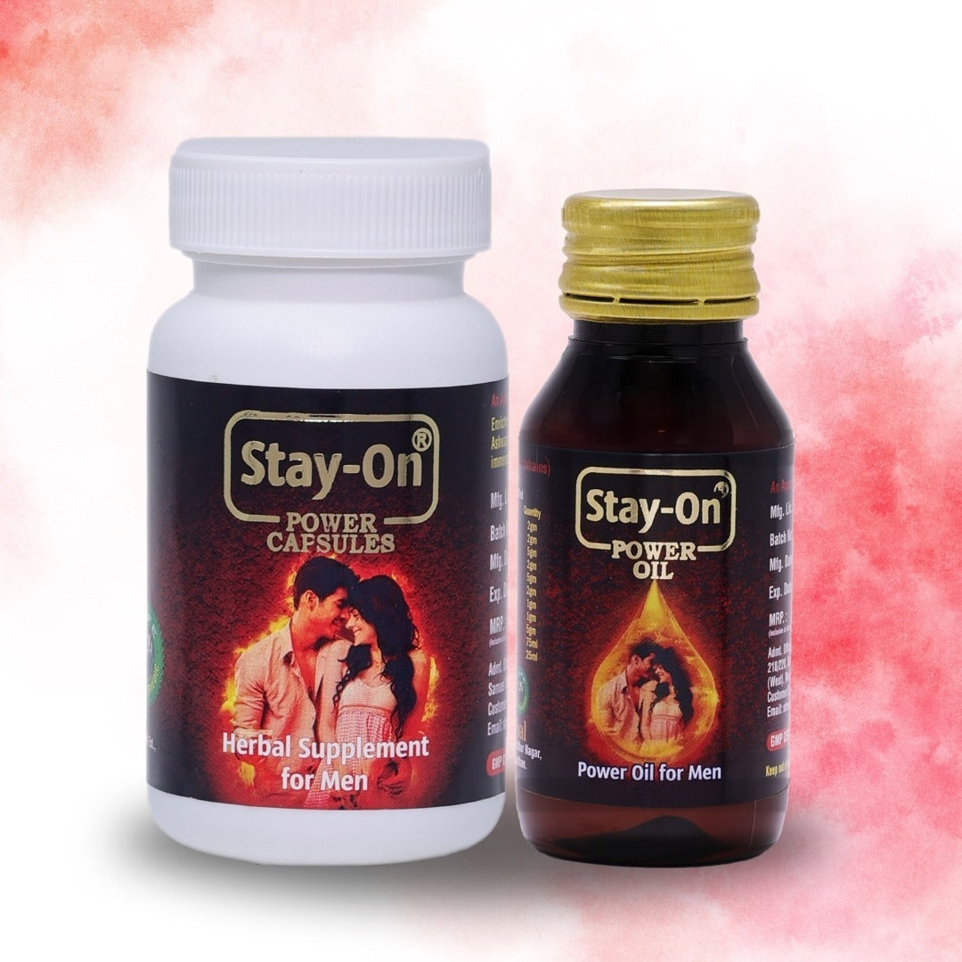 Stay-On Couples Pack – Stamina Capsules & Power Oil for Men (30 Capsules + 1 Bottle Oil)