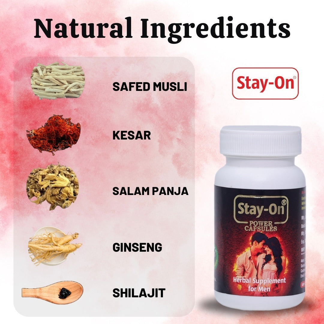 Stay-On Couples Pack – Stamina Capsules & Power Oil for Men (30 Capsules + 1 Bottle Oil)